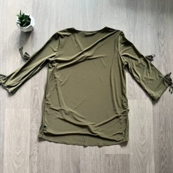 Nina Leonard Olive Green V-Neck Blouse with Open Sleeve Detail - Picture 16 of 16